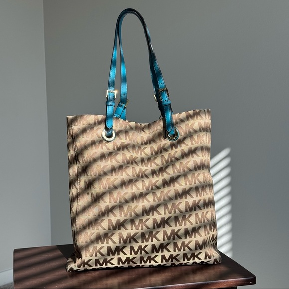 Michael Kors Tan and Teal Signature Tote - Picture 1 of 10